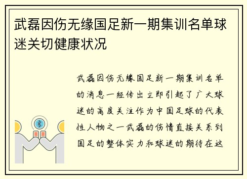 武磊因伤无缘国足新一期集训名单球迷关切健康状况 武磊因伤无缘国足新一期集训名单球迷关切健康状况